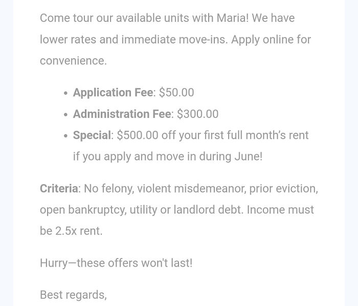 Rental listing details with fees from a landlord including application, administration, and special discount offers.