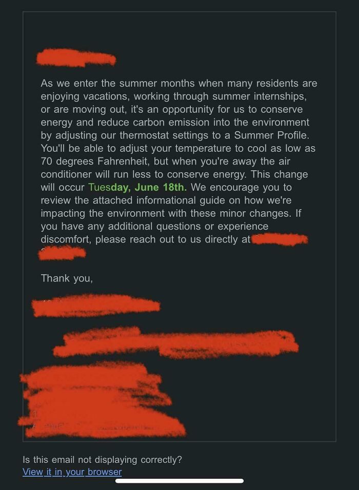 Email from landlord about adjusting thermostat settings for energy savings in summer.