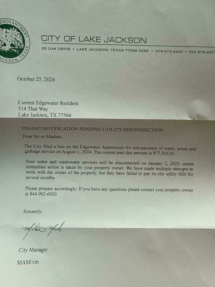 Letter from City of Lake Jackson about unpaid utilities, discussing pending disconnection due to landlord issues.