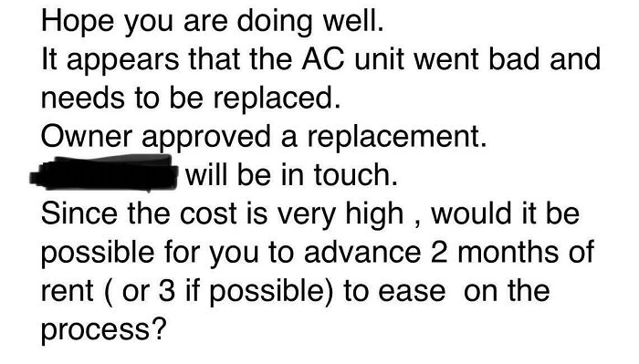 Tenant email about AC replacement costs, landlord requests advance rent payment to cover high expenses.