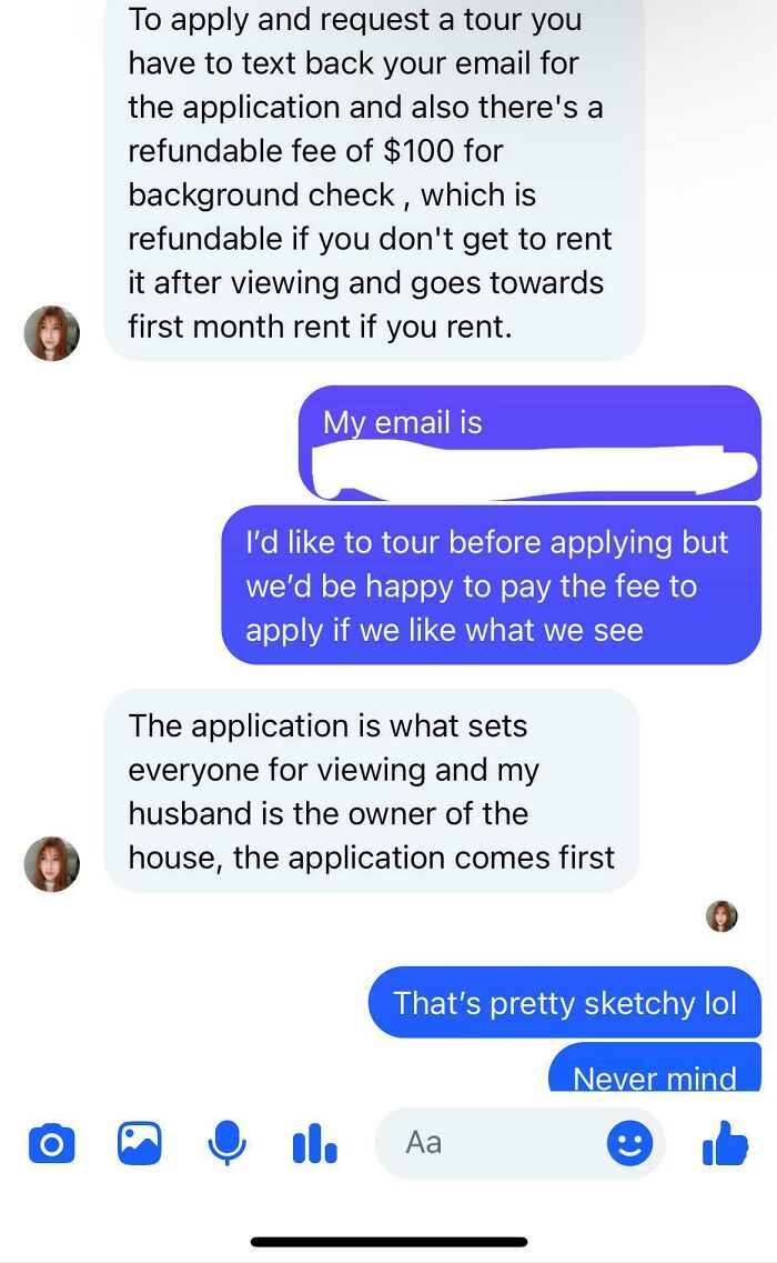 Tenant shares frustrating landlord message exchange about application fees.