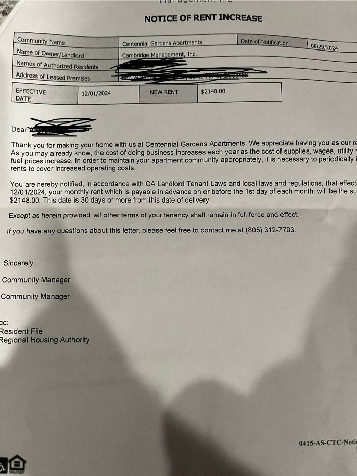Notice of rent increase document from management company to tenant, highlighting a new rent of $2148 effective 12/01/2024.