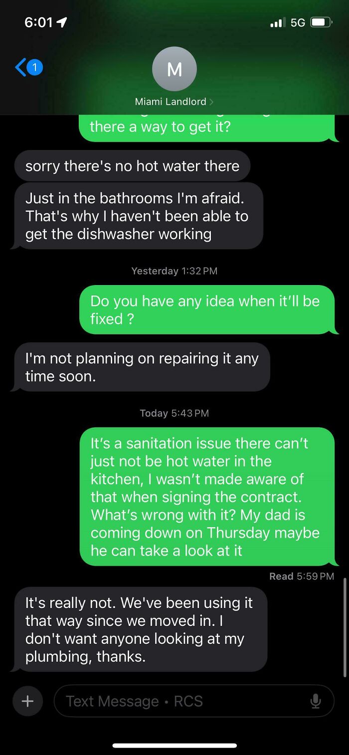 Text exchange with a landlord about no hot water in the kitchen, showing a landlord's dismissive response.