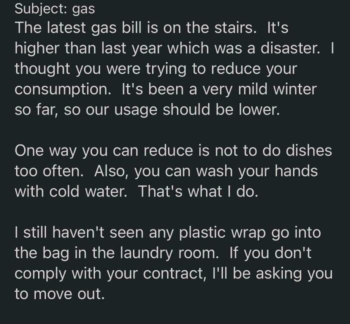 Text from a landlord about reducing gas usage and compliance with tenant contract.