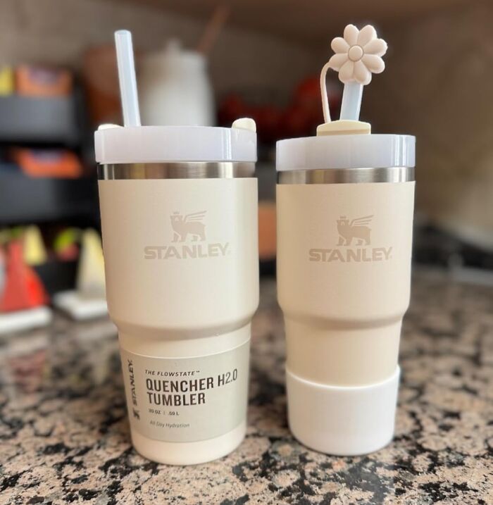 Stanley tumblers with straws on a granite countertop from Amazon review selection.