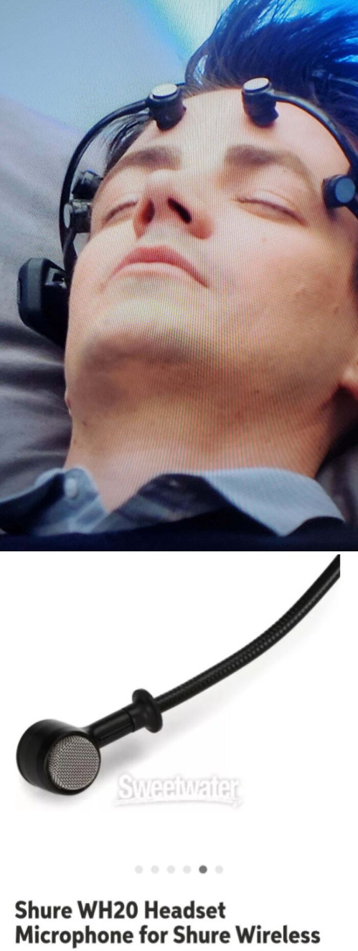 Creative use of Shure WH20 headset microphone as a prop in a film scene.