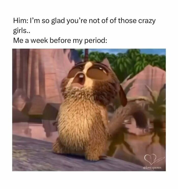 Animated creature humorously expressing period meme emotions with closed eyes and open mouth in a jungle setting.