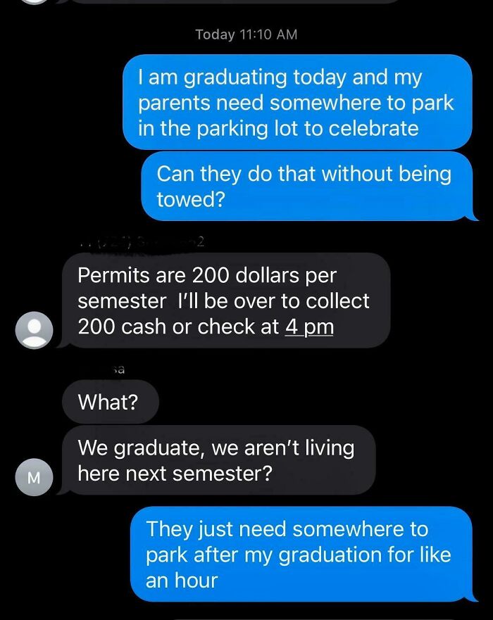 Texts discuss parking permit issue with landlord demanding $200 for a graduation event.