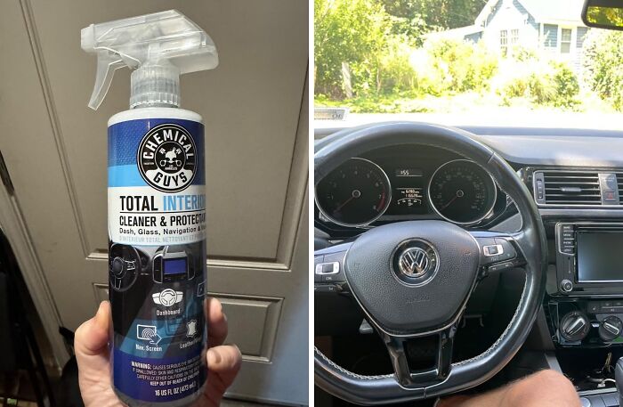 Chemical Guys cleaner held up, beside view of a clean Volkswagen interior. Featured in the 40K review club.
