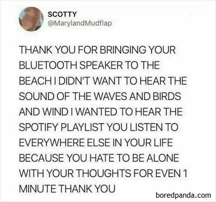 Millennial humor meme about playing music on a Bluetooth speaker at the beach, overlay on white background.