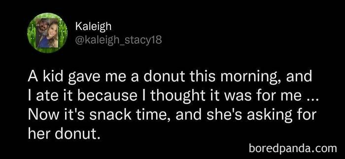 A humorous tweet about accidentally eating a child's donut, relatable to the avocado generation.