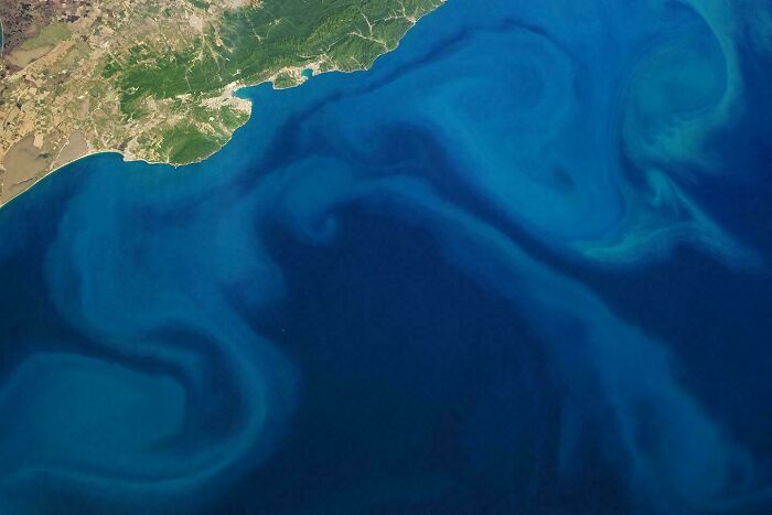 Swirling ocean patterns viewed from above, showcasing mesmerizing blue and green ocean scenery.