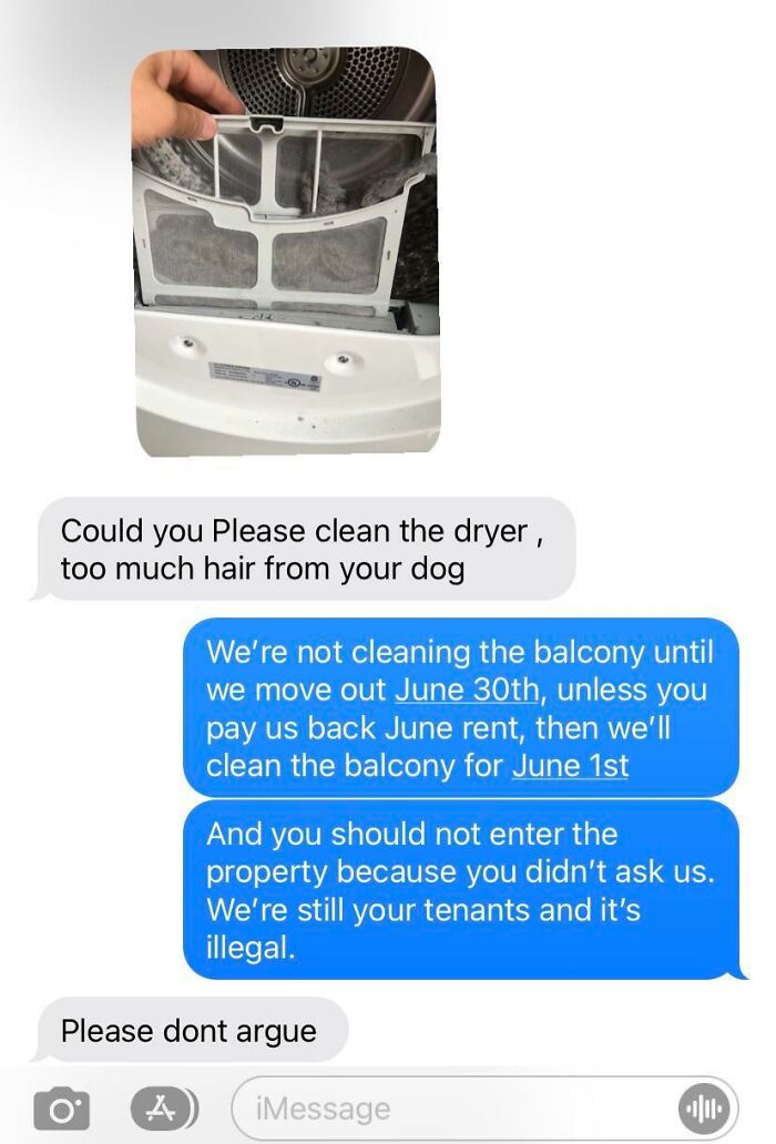Text messages between tenants and landlord about dog hair in dryer and cleaning balcony, illustrating landlord issues.
