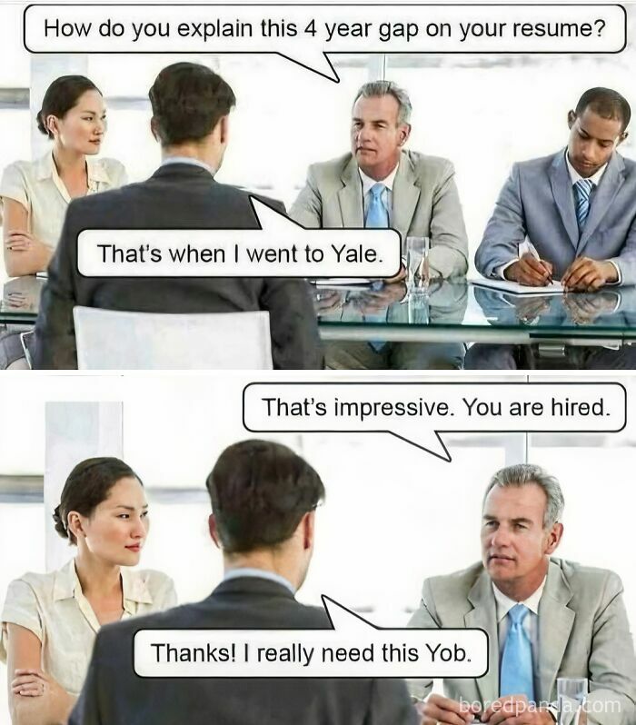 Job interview with dad joke about a resume gap, ending with a pun on 'job' as 'Yob.'