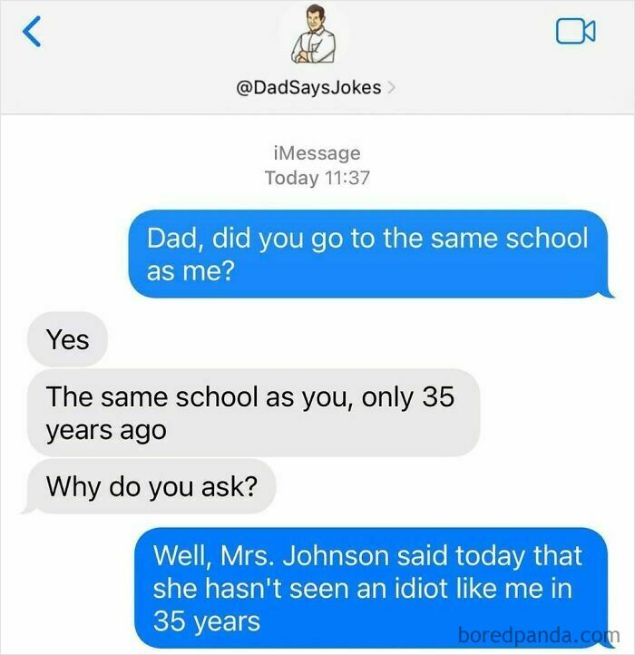 Text conversation with dad joke about attending the same school 35 years ago.