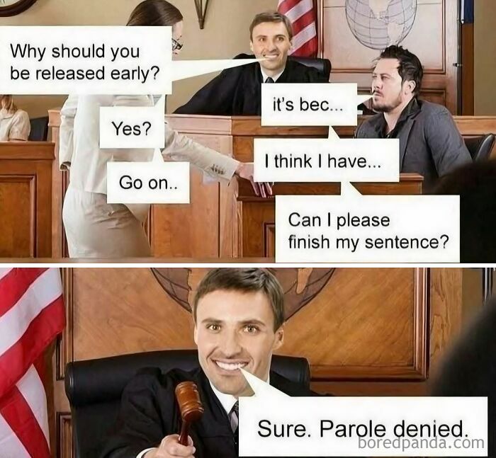 Courtroom scene with judge humorously denying parole; classic dad joke.