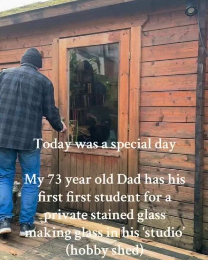 Older man entering a wooden hobby shed for stained glass class, bringing sunshine to the day.
