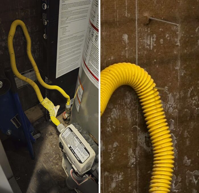 Yellow gas line inside building, showcasing potential danger.