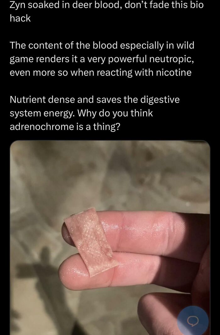 Dangerous: A hand holding a small strip labeled as Zyn soaked in deer blood.