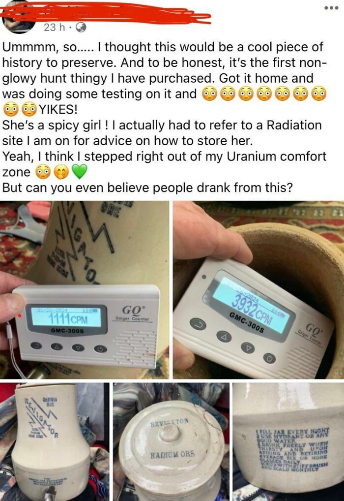 Geiger counter measuring radiation on historical drinking vessel, showcasing something dangerous in a modern setting.