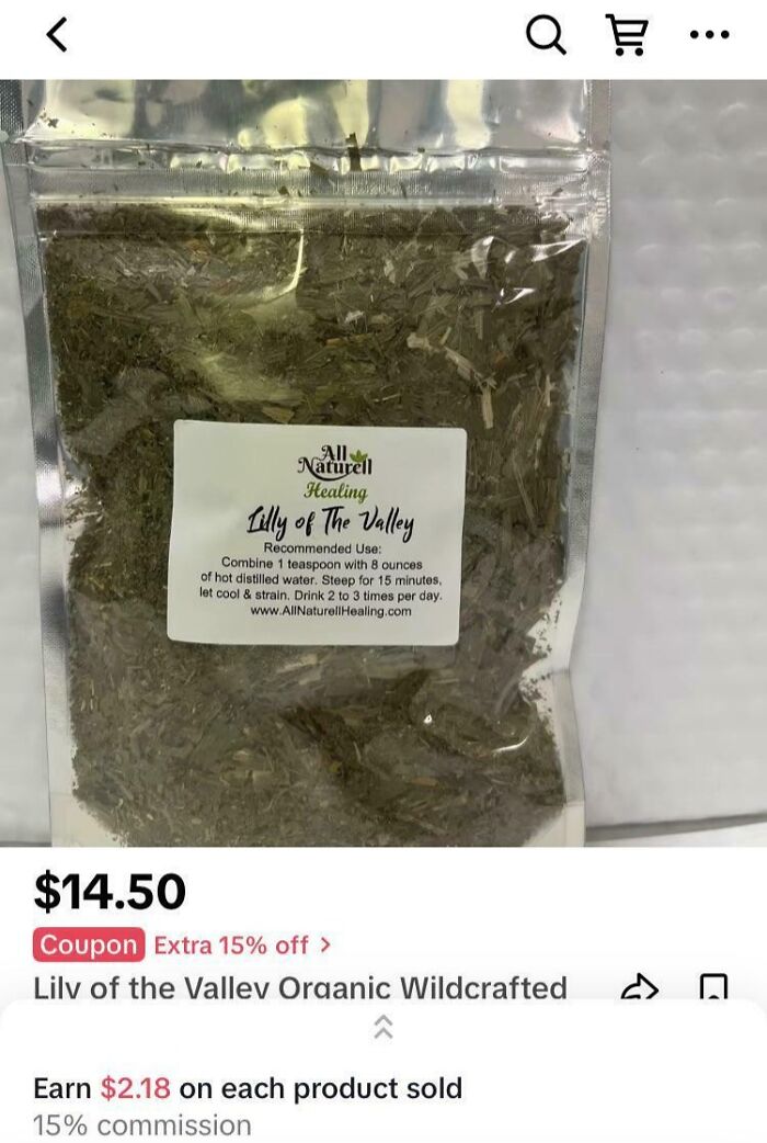 Bag of dried Lily of the Valley herbs labeled for sale, highlighted as dangerous.