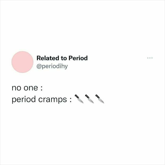 Tweet about period cramps humor with knife emojis for emphasis.