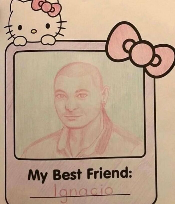 Hello Kitty drawing with a random portrait titled "My Best Friend: Ignacio," creating a cursed image vibe.