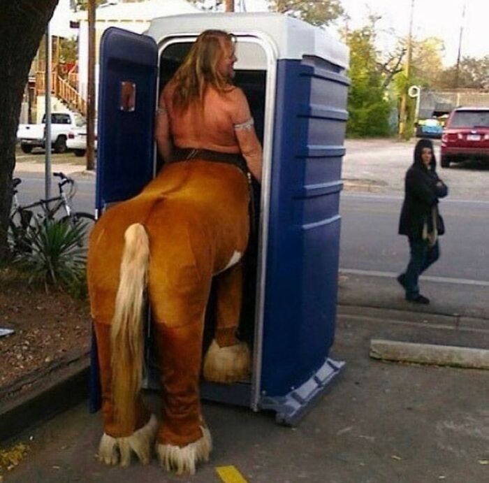 Centaur-like figure entering a portable restroom, capturing a truly random cursed image.
