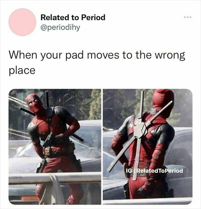 Superhero costume mishap humorously illustrates period meme moment.