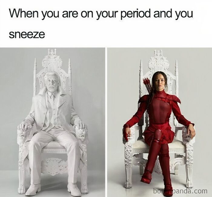 Two contrasting images: a white-dressed man and a woman in red armor, captioned with a period meme about sneezing.