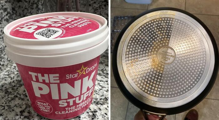 The Pink Stuff cleaning paste next to a clean pan, featured by the 40K Review Club on Amazon.