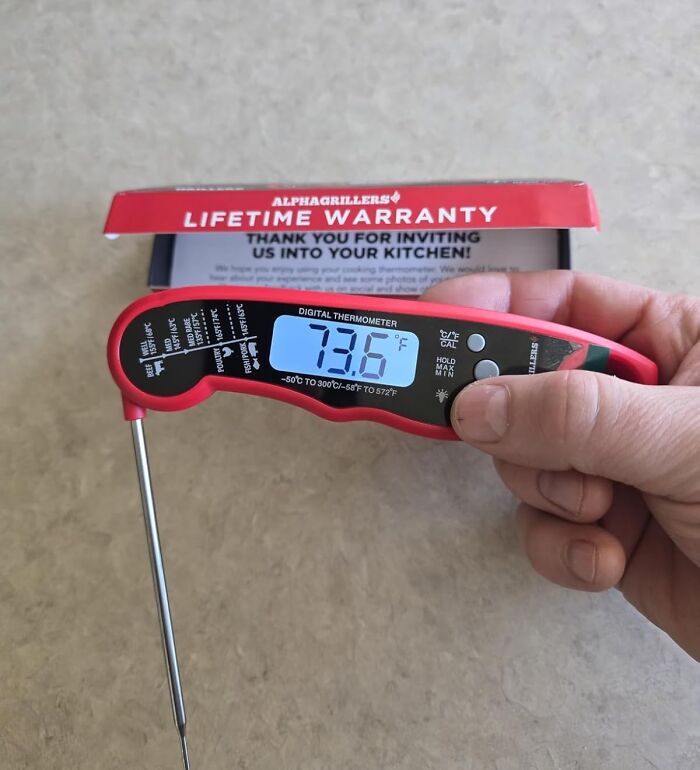 Digital thermometer from Amazon's 40K Review Club, displaying temperature in Fahrenheit.