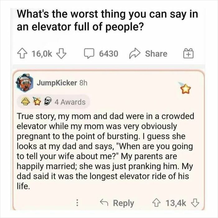 Funny meme for men about a pregnant woman pranking her husband in a crowded elevator.