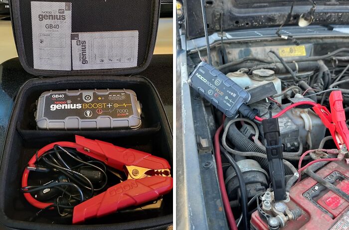 Amazon products: Genius Boost in a case and in use on a car battery under the hood.