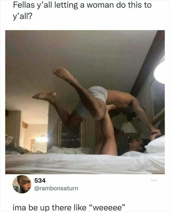 Man humorously flipped in bed by woman, creating a funny and relatable meme scenario for men.
