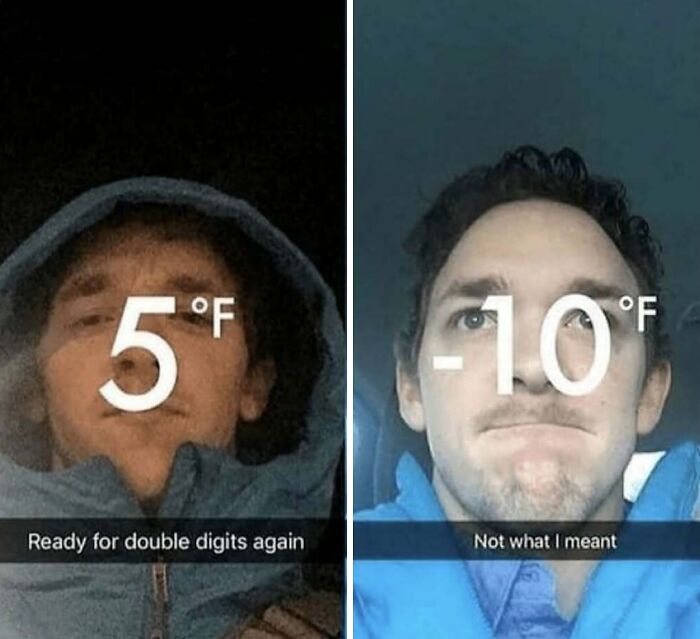 Two men in cold weather with temperatures 5°F and -10°F. One wears a hood, the other looks surprised. Funny meme for men.