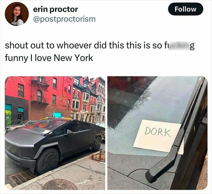 Funny meme for men showing a parked car with a "DORK" note on the windshield, capturing humor in New York.