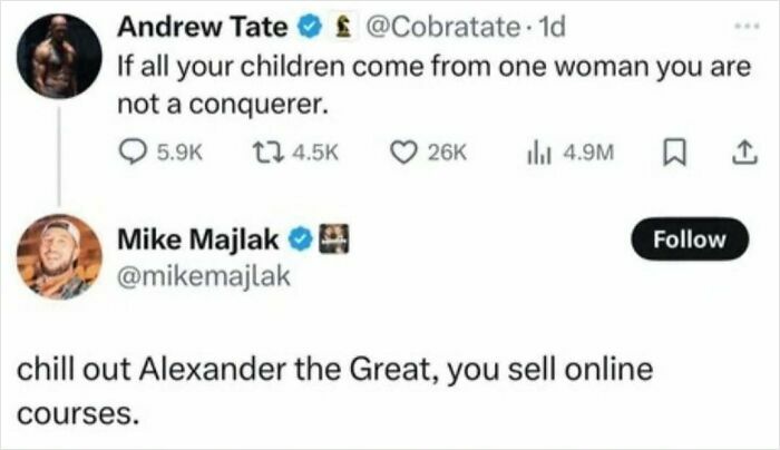 Funny and relatable meme for men comparing a tweet about conquering to Alexander the Great.