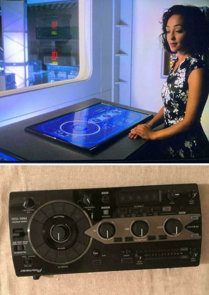 A woman using futuristic film props with a DJ mixer, showcasing creative filmmaking.