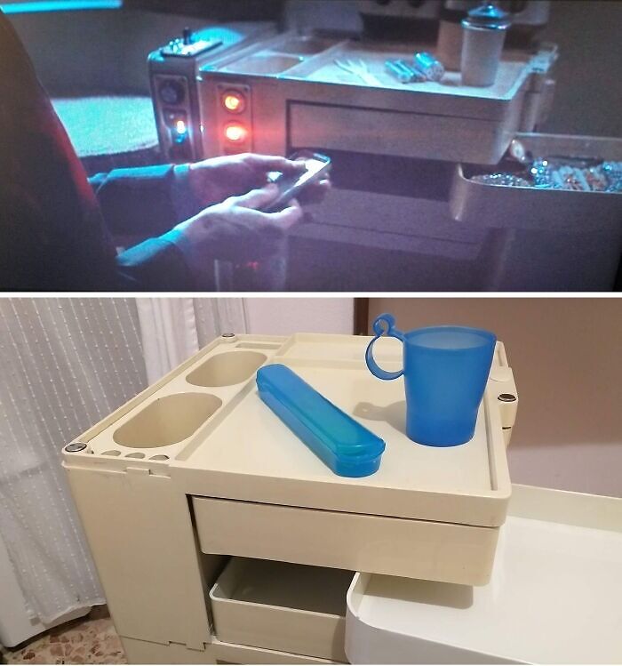 Film prop creativity with a medical cart; top shows usage in a scene, bottom shows the actual cart with items.
