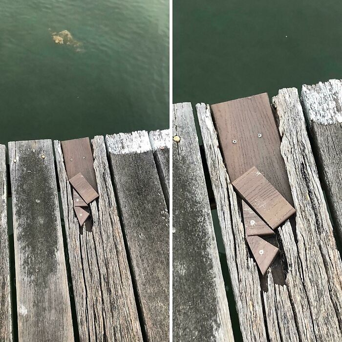 Failed repair attempt on a wooden dock, with mismatched boards and visible gaps over water.