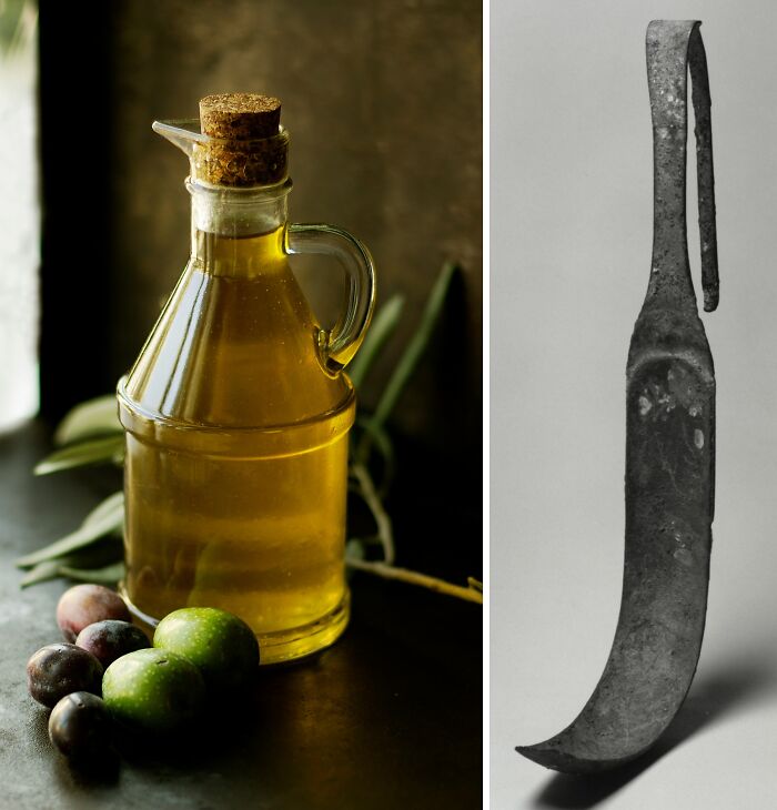 Roman Empire artifacts: olive oil jar and ancient knife displayed side by side.