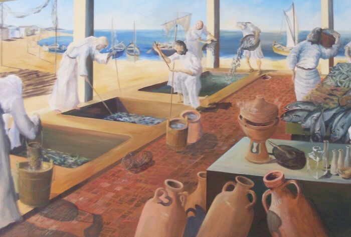 Roman Empire scene showing daily life by the sea with people handling fish and pottery.
