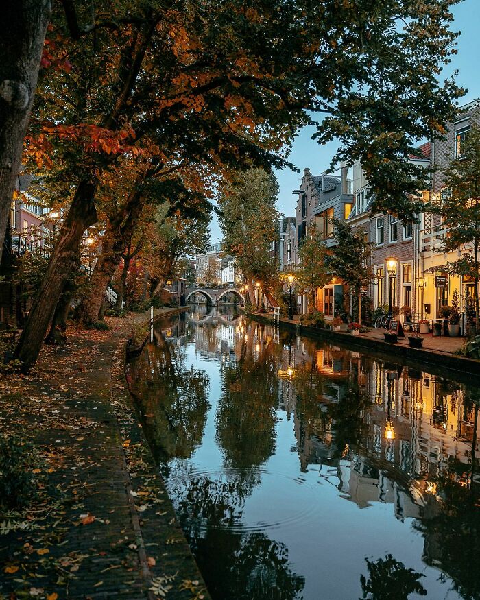 Street scene of beautiful place with canal, autumn leaves, and historic buildings reflecting on water during twilight.