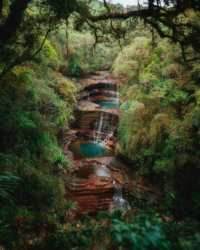 Waterfall cascading into turquoise pools surrounded by lush greenery, showcasing one of the most beautiful places discovered.