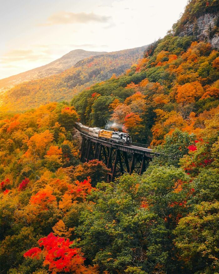 Train crossing a bridge in a stunning autumn landscape, showcasing beautiful places and vibrant fall foliage.
