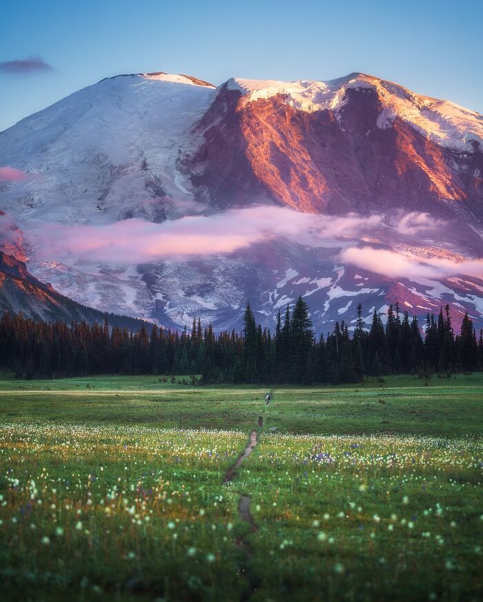 Majestic mountain landscape with a vibrant meadow path under a colorful sky at dawn.