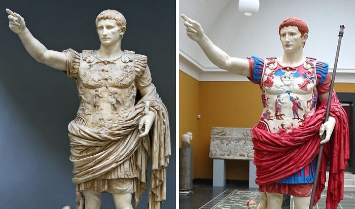 Roman Empire statue comparison: original vs. color reconstruction, showcasing historical art details and cultural aesthetics.
