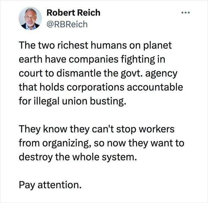 Tweet discusses corporate attempts against union accountability, highlighting capitalism struggles.