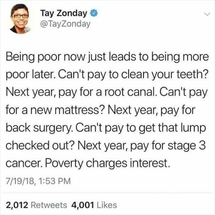 Tweet about struggles with poverty and capitalism by a user, highlighting the costs of delaying healthcare.